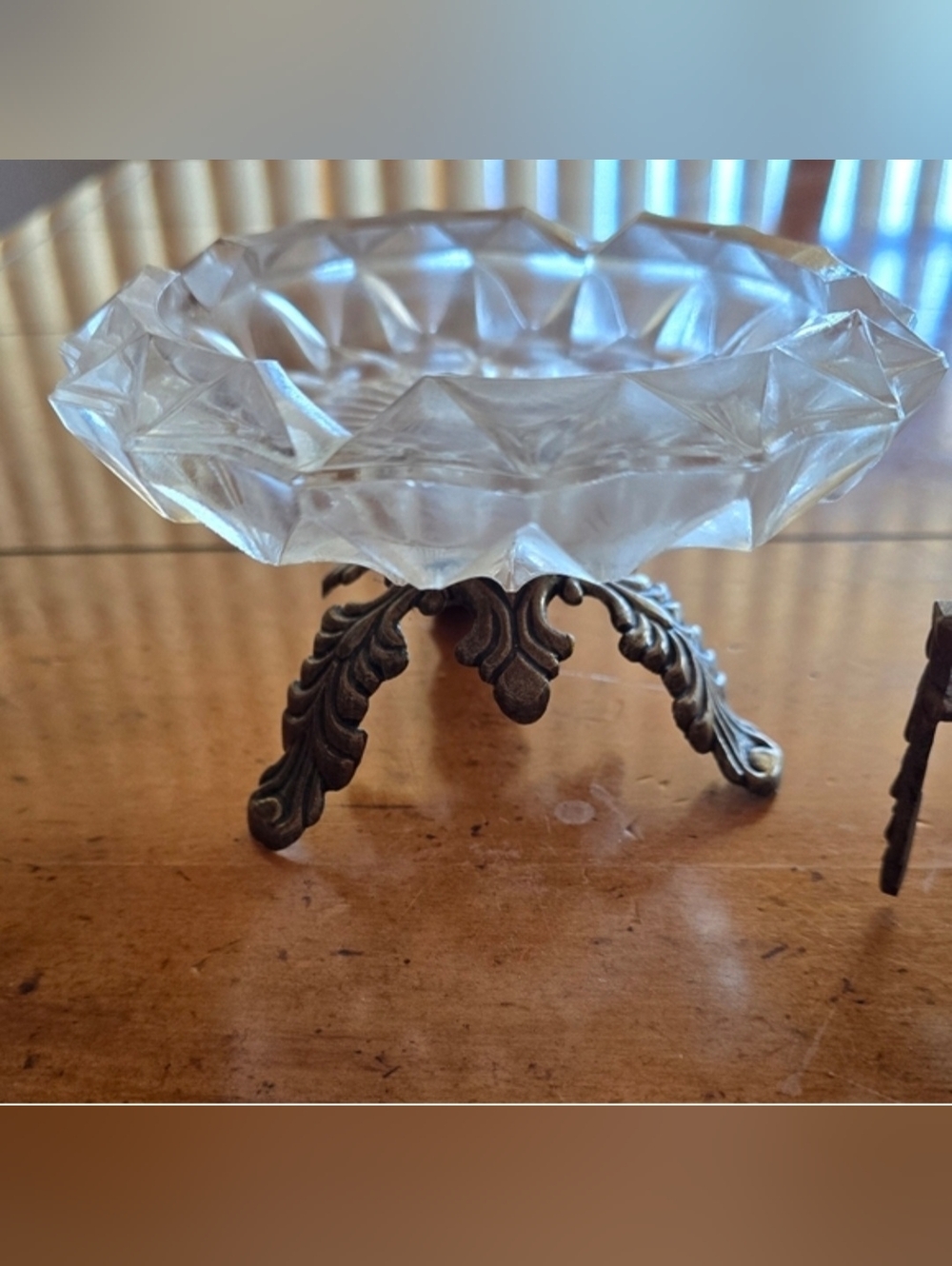 Vintage Heavy Cut Glass 1960s Early Italian Brass Footed Ashtry